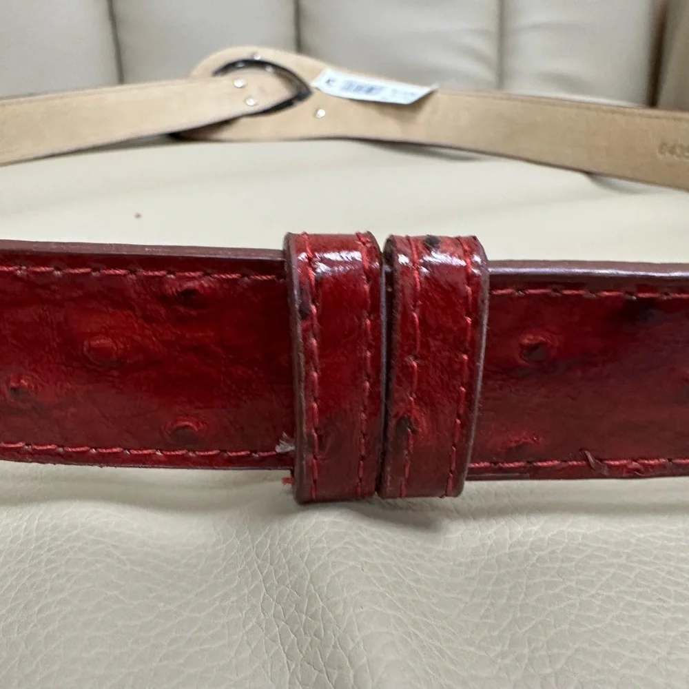 Rolfs Red Patent Leather Ostrich Quill Pattern Belt for Women L/XL Silver Buckle